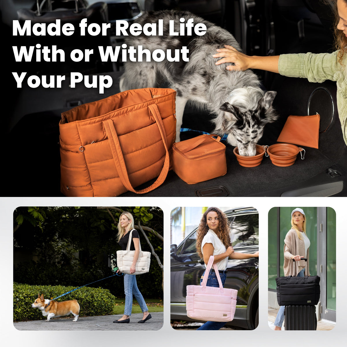 Puffer Dog Travel Tote Bag for Dog Moms – with Collapsible Bowls & Poop Bag Pocket