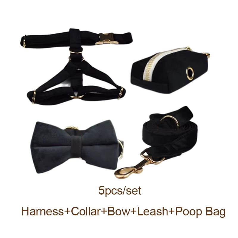 Black Velvet Dog Harness Set – Personalized No-Pull Harness, Leash & Collar