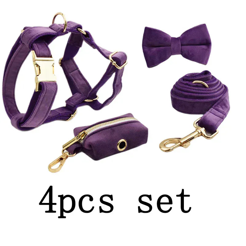 Purple Velvet Dog Harness Set – Personalized No-Pull Harness, Leash & Collar