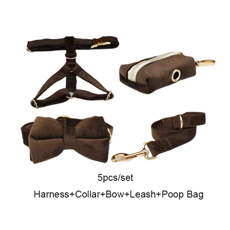 Dark Brown Velvet Dog Harness Set – Personalized No-Pull Harness, Leash & Collar