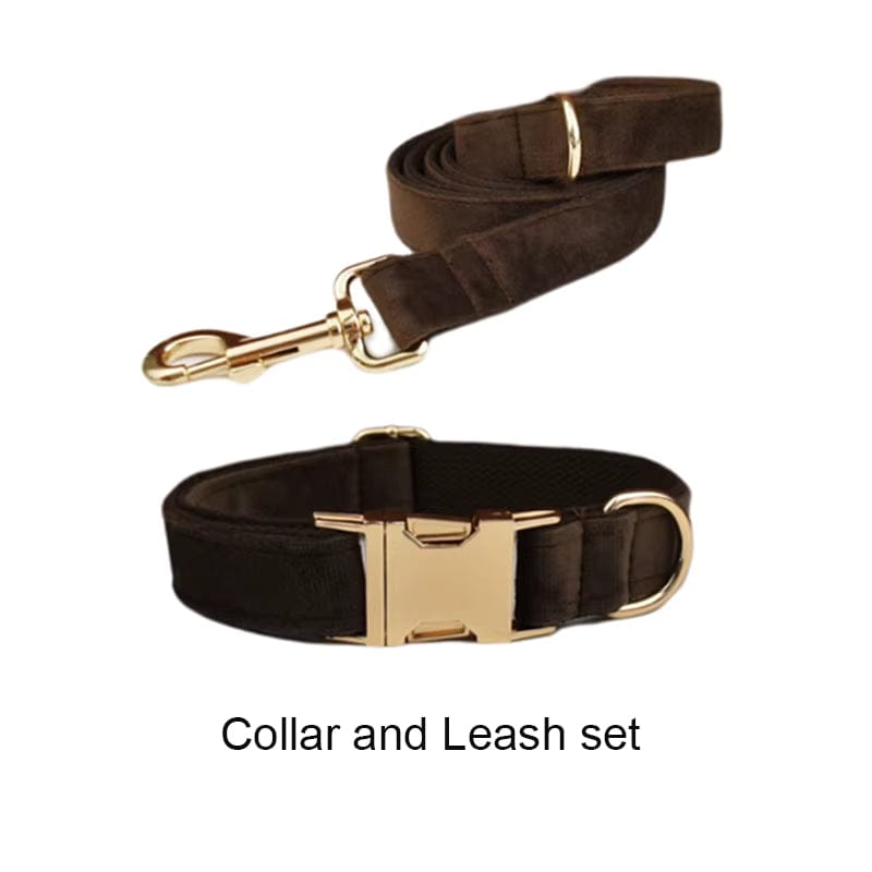 Dark Brown Velvet Dog Harness Set – Personalized No-Pull Harness, Leash & Collar