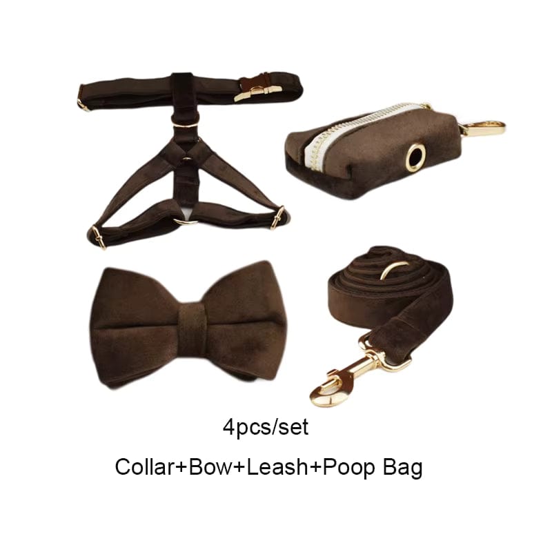 Dark Brown Velvet Dog Harness Set – Personalized No-Pull Harness, Leash & Collar