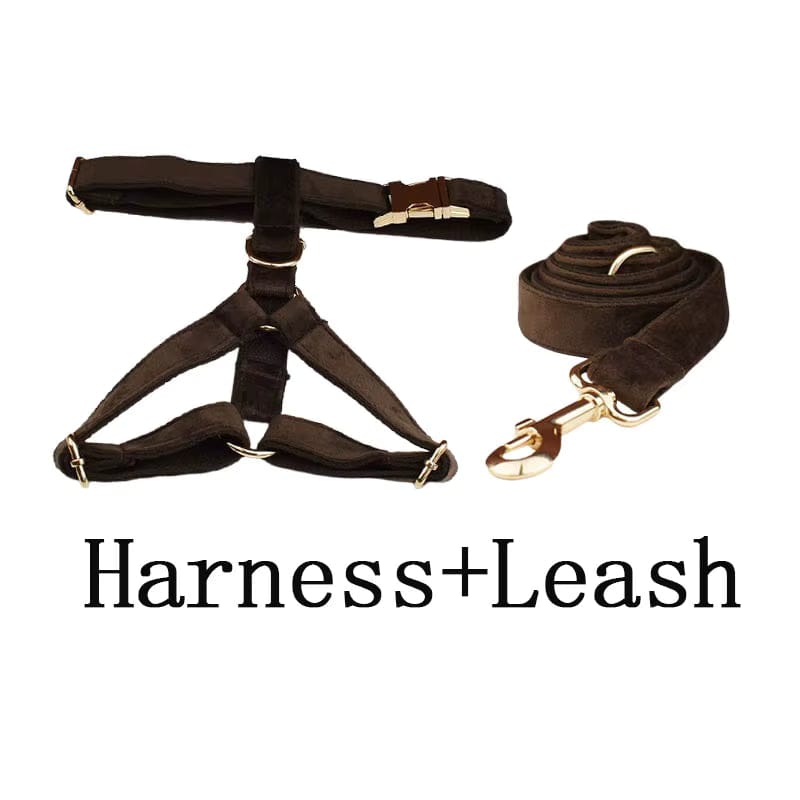 Dark Brown Velvet Dog Harness Set – Personalized No-Pull Harness, Leash & Collar