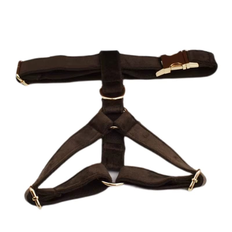 Dark Brown Velvet Dog Harness Set – Personalized No-Pull Harness, Leash & Collar