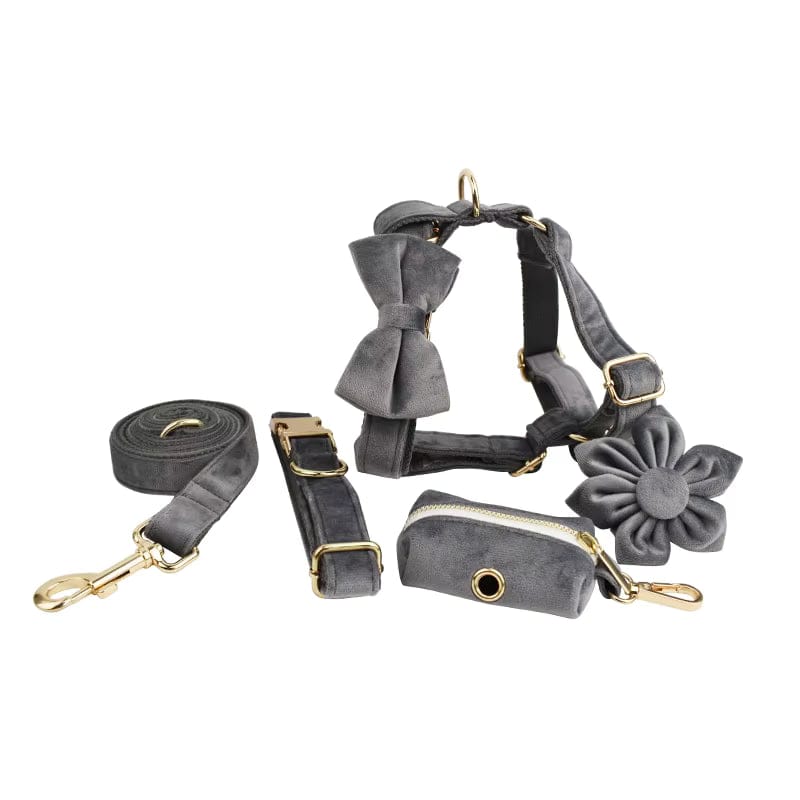 Dark Grey Velvet Dog Harness Set – Personalized No-Pull Harness, Leash & Collar