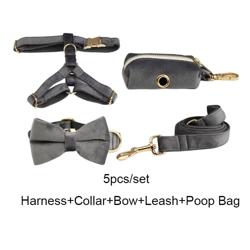 Dark Grey Velvet Dog Harness Set – Personalized No-Pull Harness, Leash & Collar