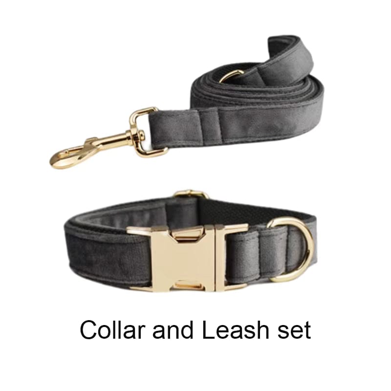 Dark Grey Velvet Dog Harness Set – Personalized No-Pull Harness, Leash & Collar