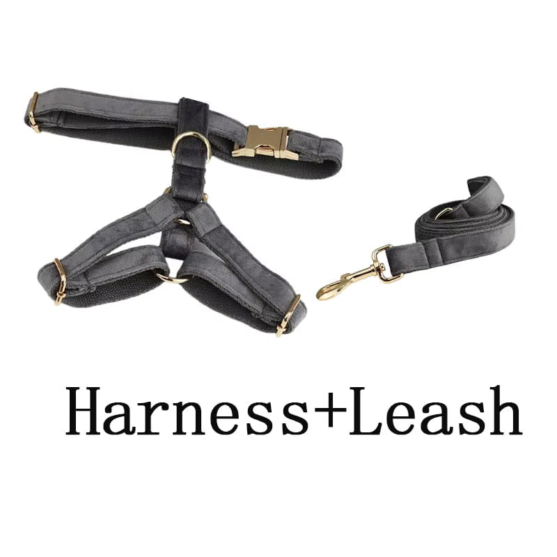 Dark Grey Velvet Dog Harness Set – Personalized No-Pull Harness, Leash & Collar