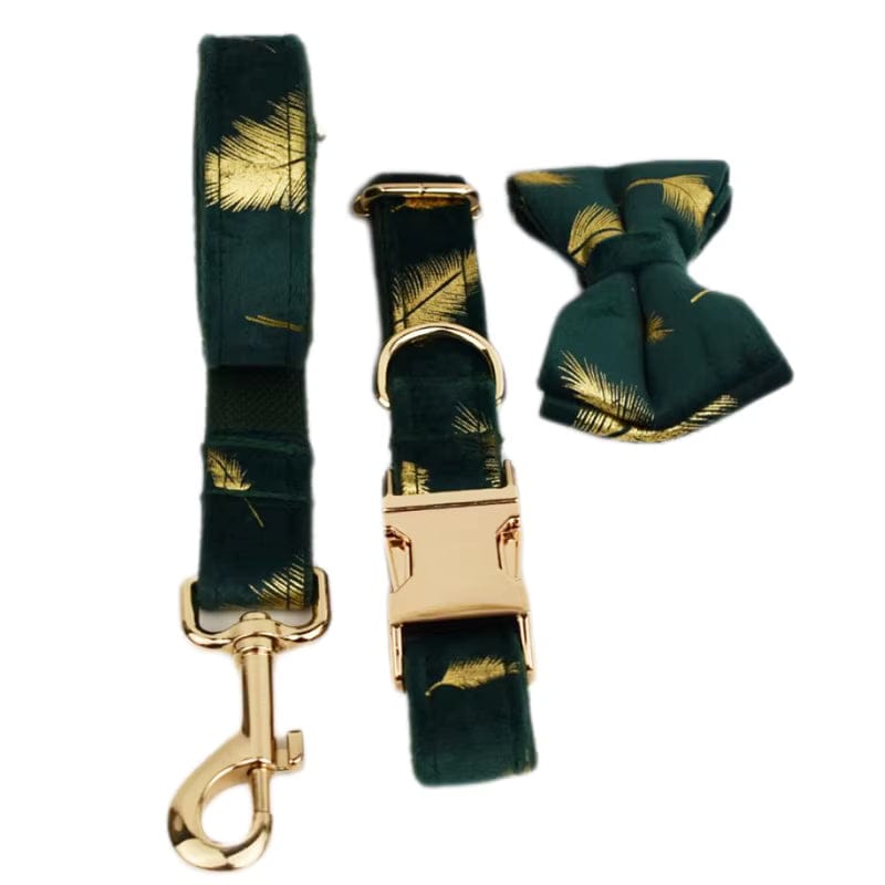 Green Feather Velvet Dog Harness Set – Personalized No-Pull Harness, Leash & Collar