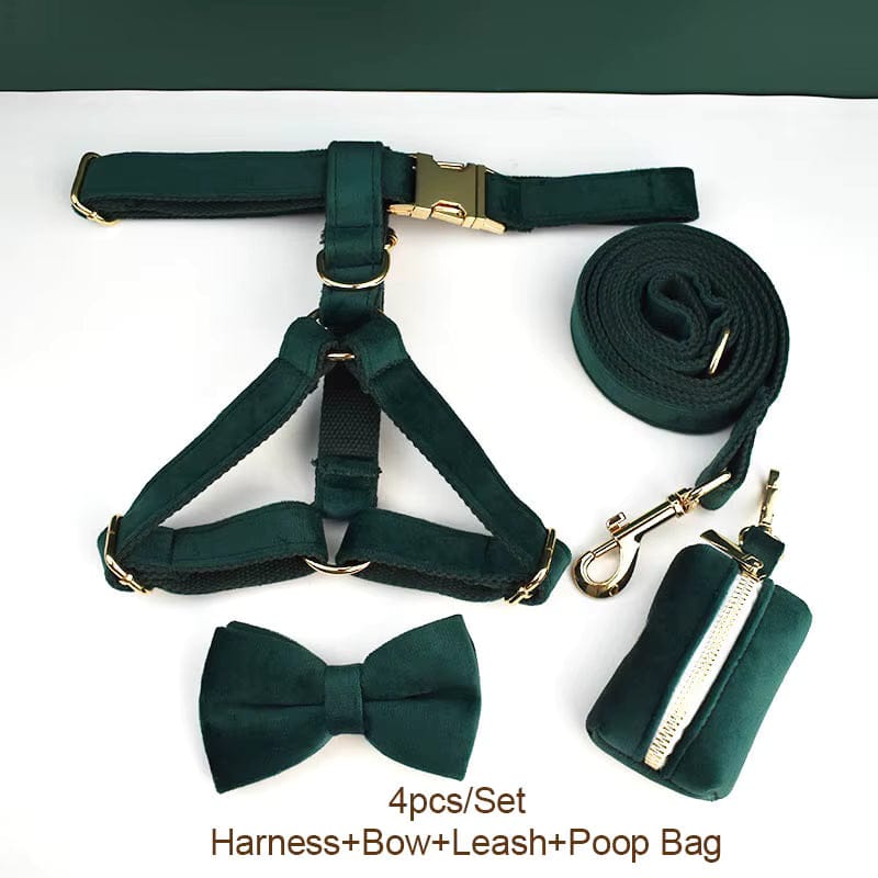 Green Velvet Dog Harness Set – Personalized No-Pull Harness, Leash & Collar