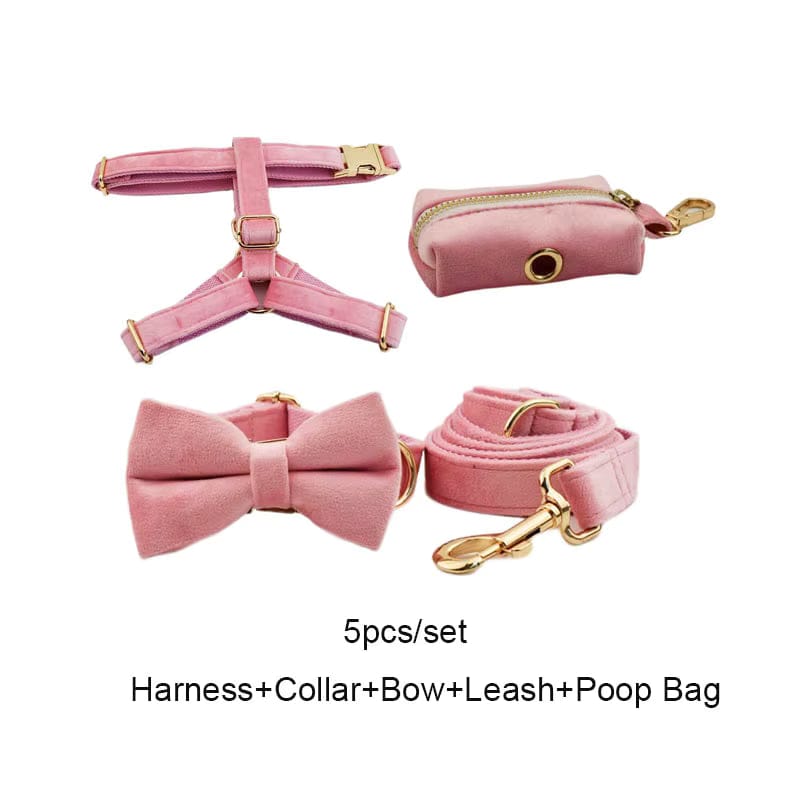 Pink Velvet Dog Harness Set – Personalized No-Pull Harness, Leash & Collar