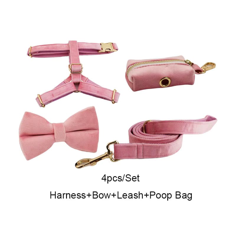 Pink Velvet Dog Harness Set – Personalized No-Pull Harness, Leash & Collar