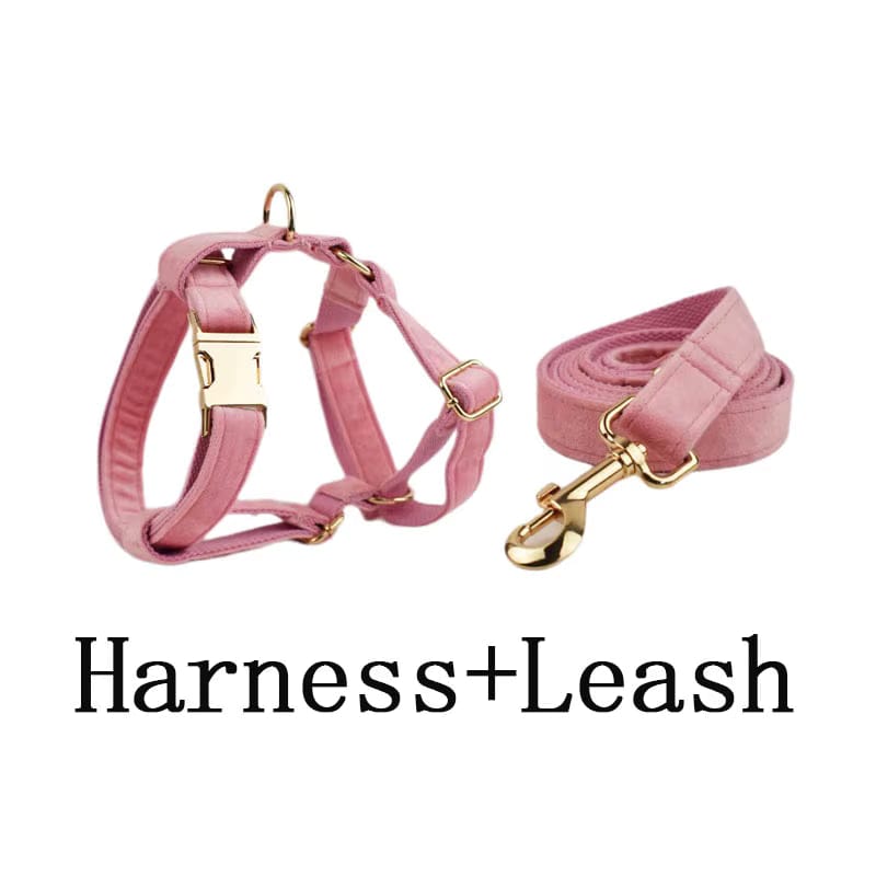 Pink Velvet Dog Harness Set – Personalized No-Pull Harness, Leash & Collar
