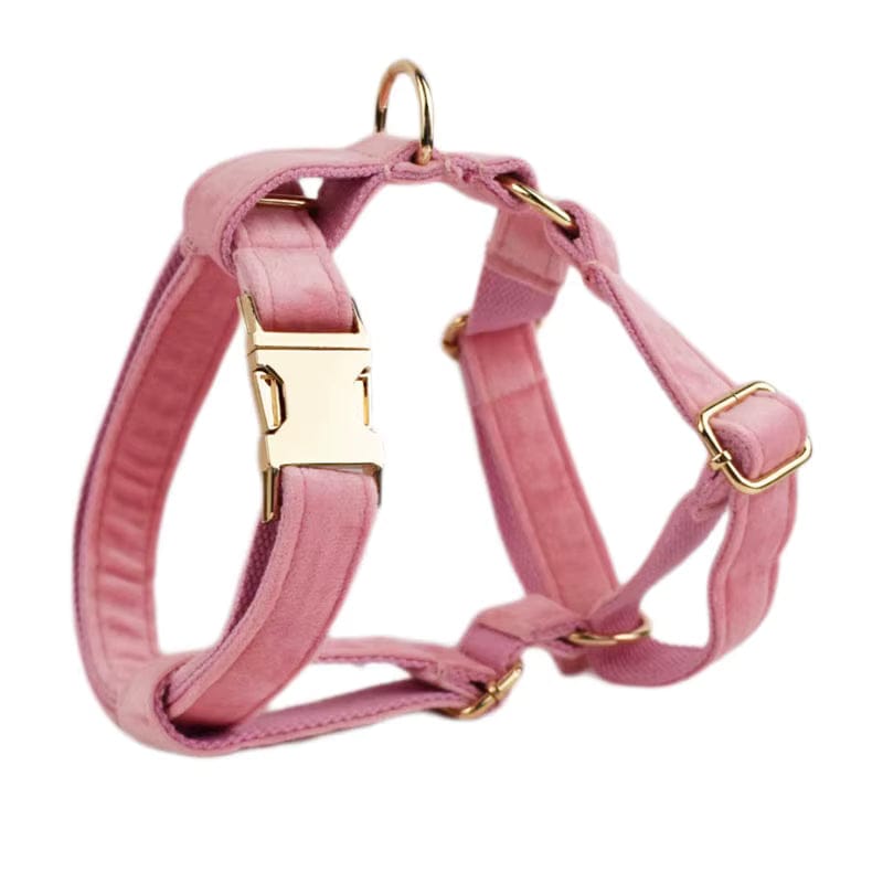 Pink Velvet Dog Harness Set – Personalized No-Pull Harness, Leash & Collar