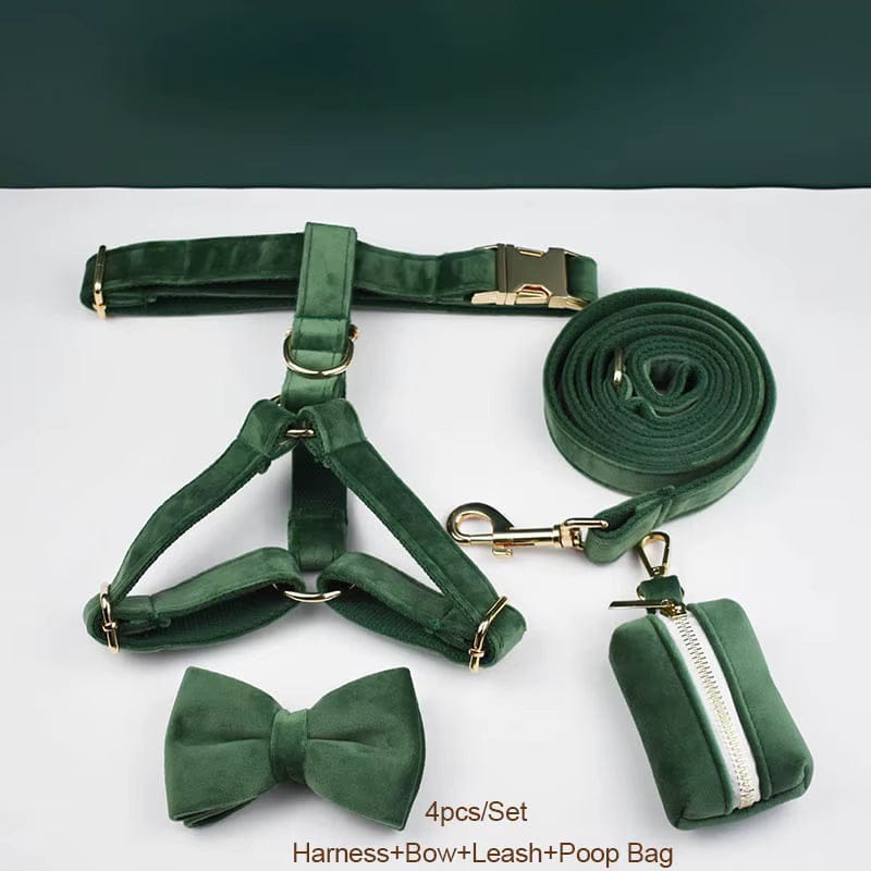 Forest Green Velvet Dog Harness Set – Personalized No-Pull Harness, Leash & Collar