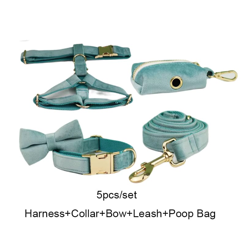 Green Ocean Velvet Dog Harness Set – Personalized No-Pull Harness, Leash & Collar