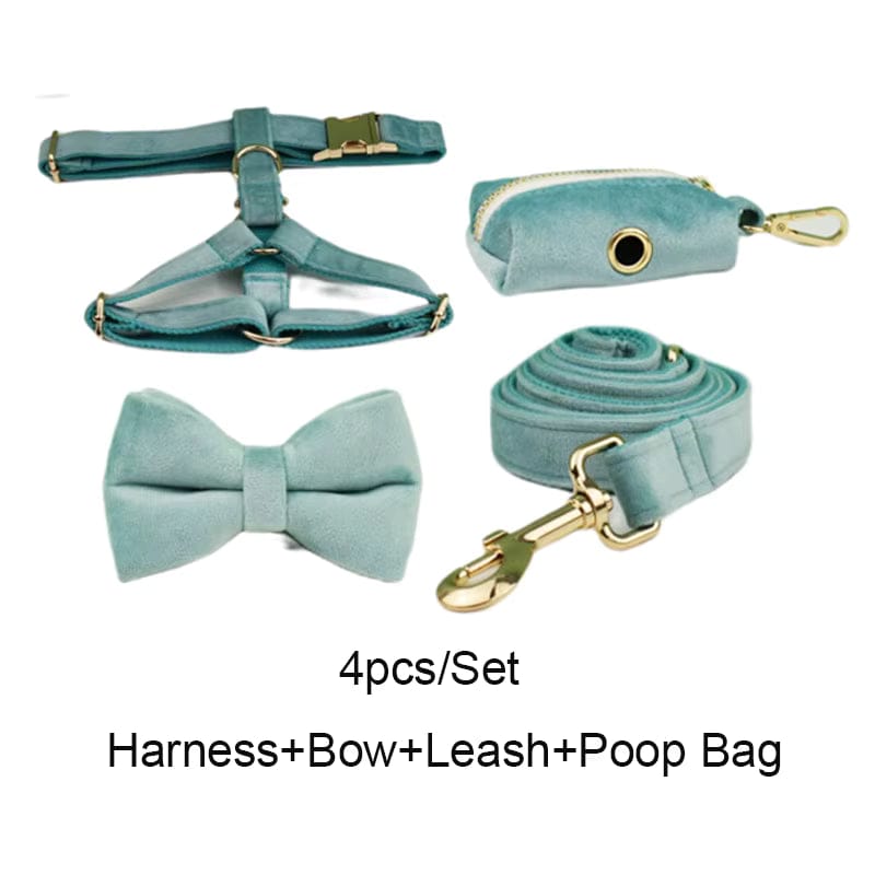 Green Ocean Velvet Dog Harness Set – Personalized No-Pull Harness, Leash & Collar