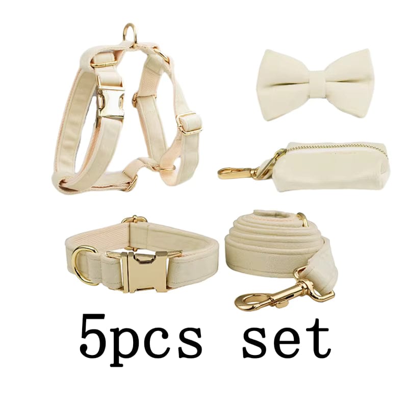 Milky White Velvet Dog Harness Set – Personalized No-Pull Harness, Leash & Collar