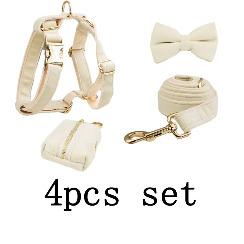 Milky White Velvet Dog Harness Set – Personalized No-Pull Harness, Leash & Collar