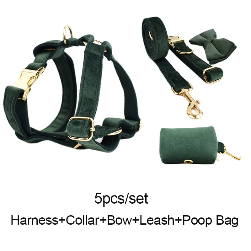 Forest Teal Velvet Dog Harness Set – Personalized No-Pull Harness, Leash & Collar