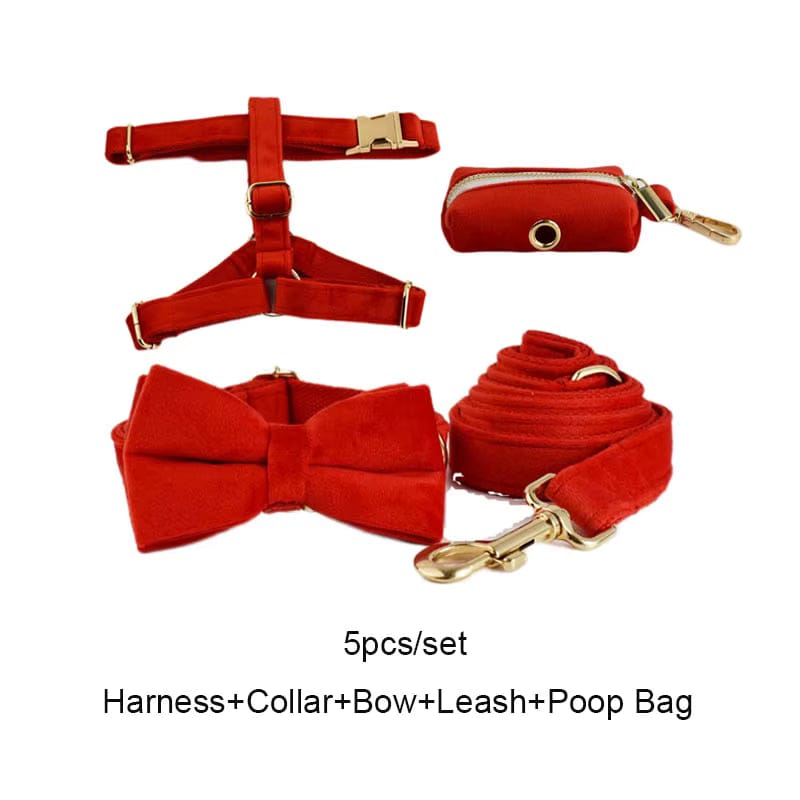 Red Velvet Dog Harness Set – Personalized No-Pull Harness, Leash & Collar