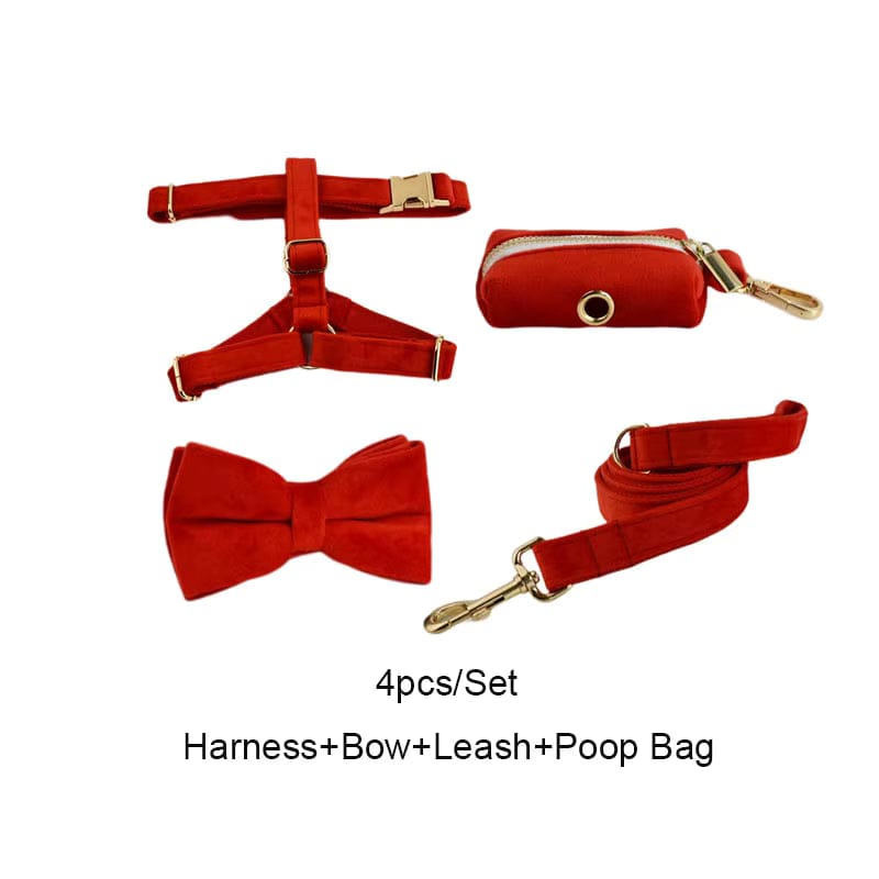 Red Velvet Dog Harness Set – Personalized No-Pull Harness, Leash & Collar