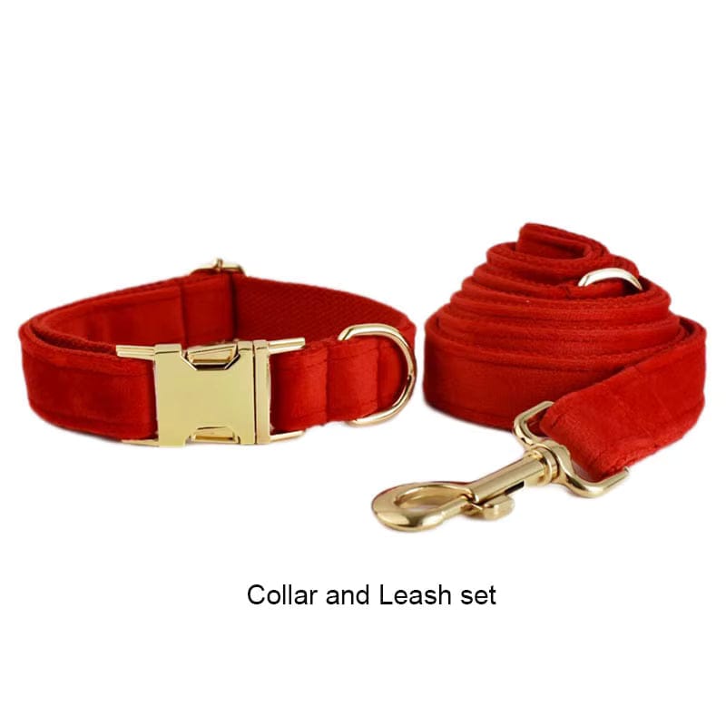 Red Velvet Dog Harness Set – Personalized No-Pull Harness, Leash & Collar