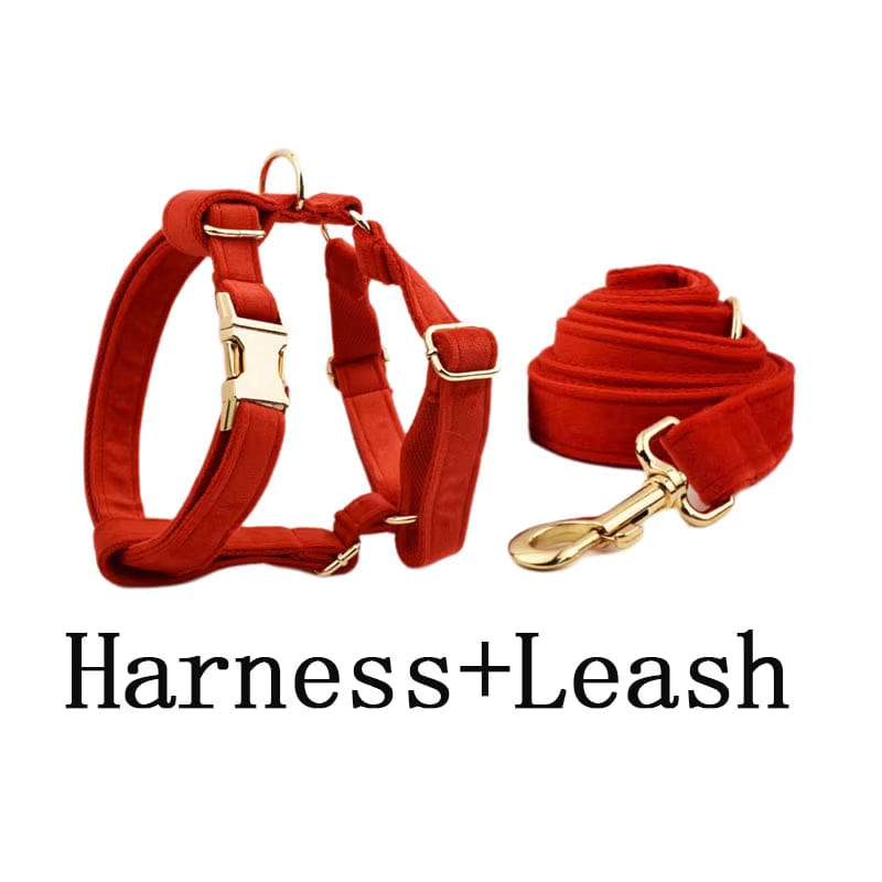 Red Velvet Dog Harness Set – Personalized No-Pull Harness, Leash & Collar