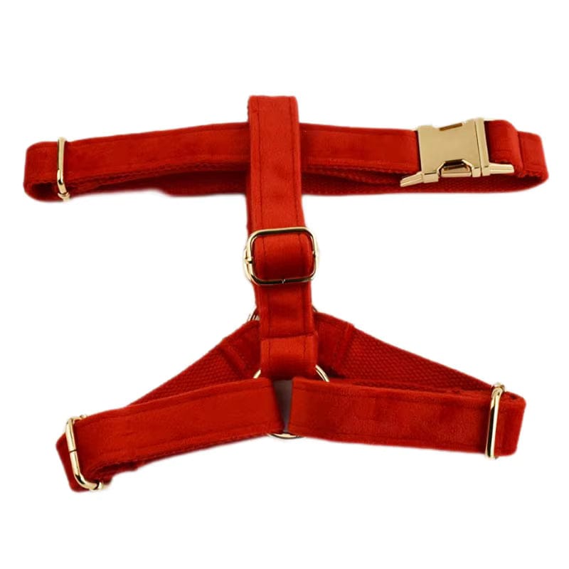 Red Velvet Dog Harness Set – Personalized No-Pull Harness, Leash & Collar