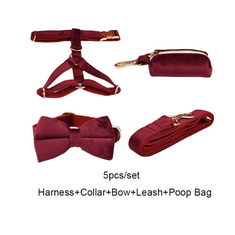 Red Wine Velvet Dog Harness Set – Personalized No-Pull Harness, Leash & Collar