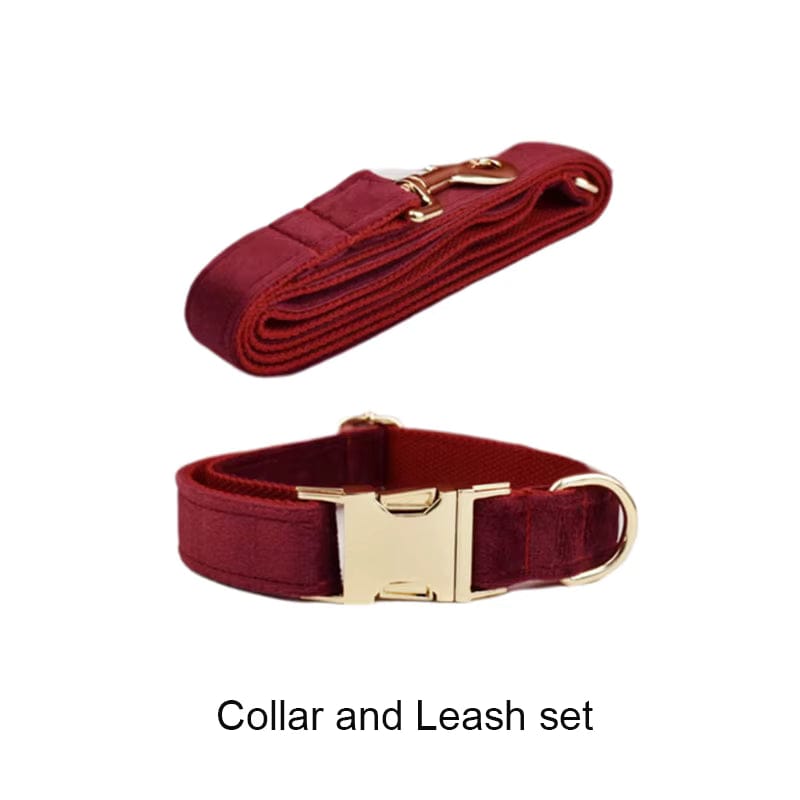 Red Wine Velvet Dog Harness Set – Personalized No-Pull Harness, Leash & Collar