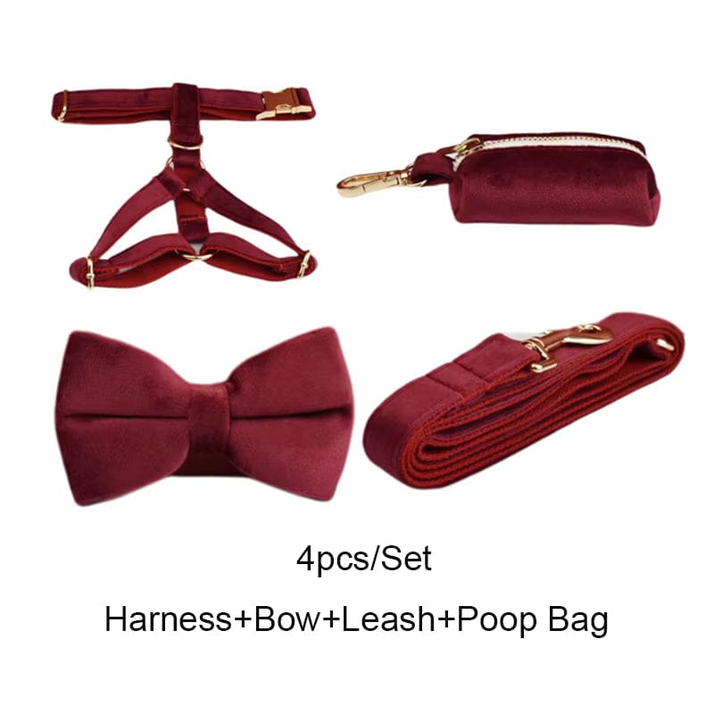 Red Wine Velvet Dog Harness Set – Personalized No-Pull Harness, Leash & Collar