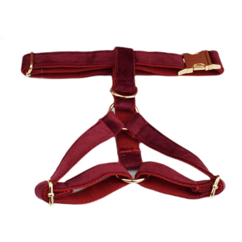 Red Wine Velvet Dog Harness Set – Personalized No-Pull Harness, Leash & Collar