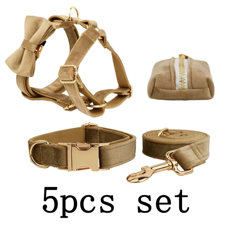 Khaki Velvet Dog Harness Set – Personalized No-Pull Harness, Leash & Collar