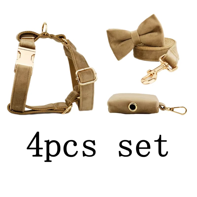 Khaki Velvet Dog Harness Set – Personalized No-Pull Harness, Leash & Collar