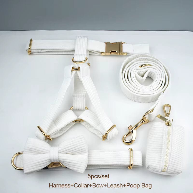 White Corduroy Dog Harness Set – Personalized No-Pull Harness, Leash & Collar