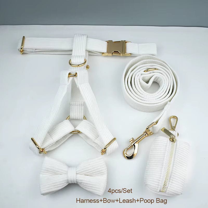 White Corduroy Dog Harness Set – Personalized No-Pull Harness, Leash & Collar