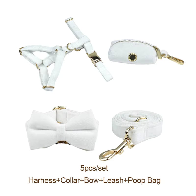White Wedding Velvet Dog Harness Set – Personalized No-Pull Harness, Leash & Collar