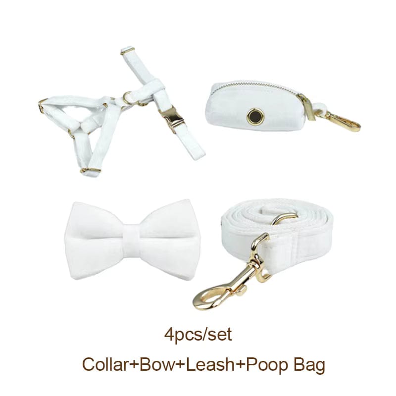 White Wedding Velvet Dog Harness Set – Personalized No-Pull Harness, Leash & Collar