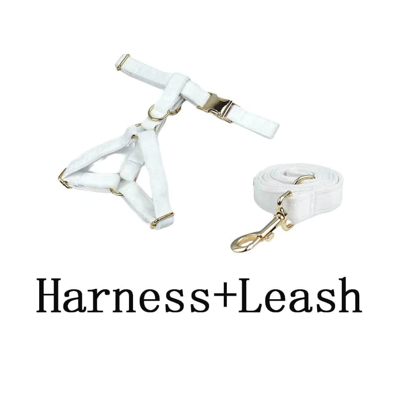 White Wedding Velvet Dog Harness Set – Personalized No-Pull Harness, Leash & Collar